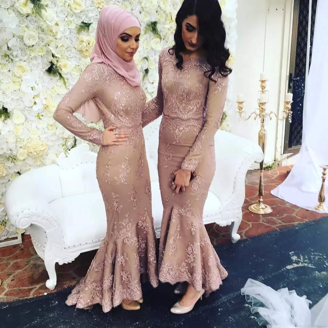 

2024 Pink Lace nude Long Sleeves Bridesmaid Dresses Muslim Arabic Women Formal Gowns plus size Mermaid wedding party dress