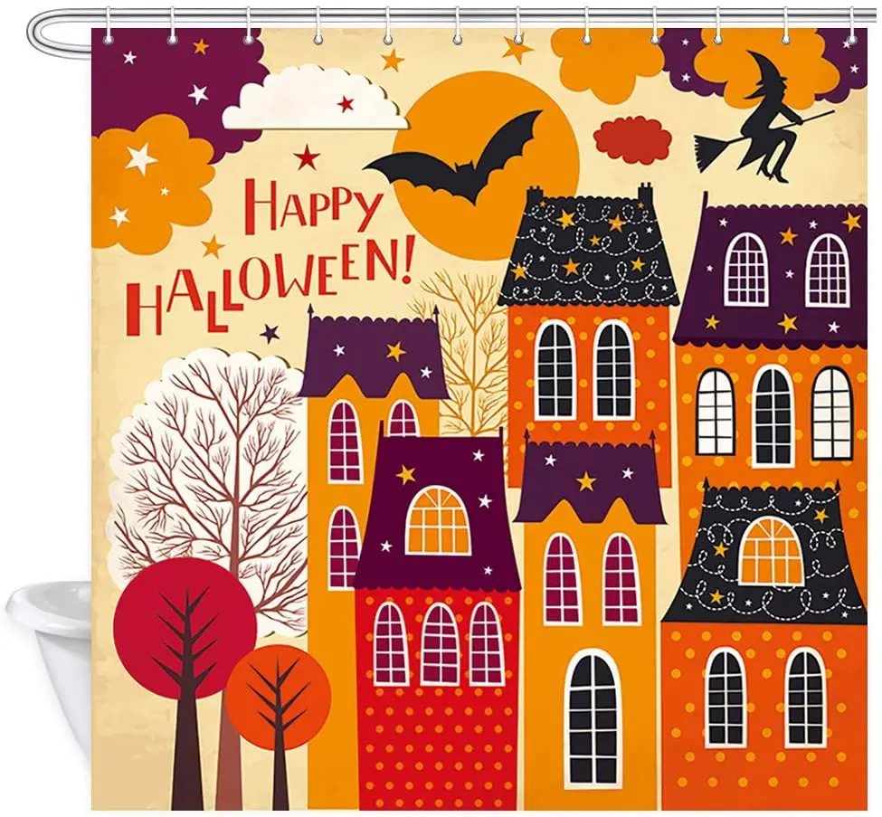 

Halloween Shower Curtain Primitive House Bat Witch Cartoon Bathroom Curtains Decor Accessories with Hooks Polyester Waterproof