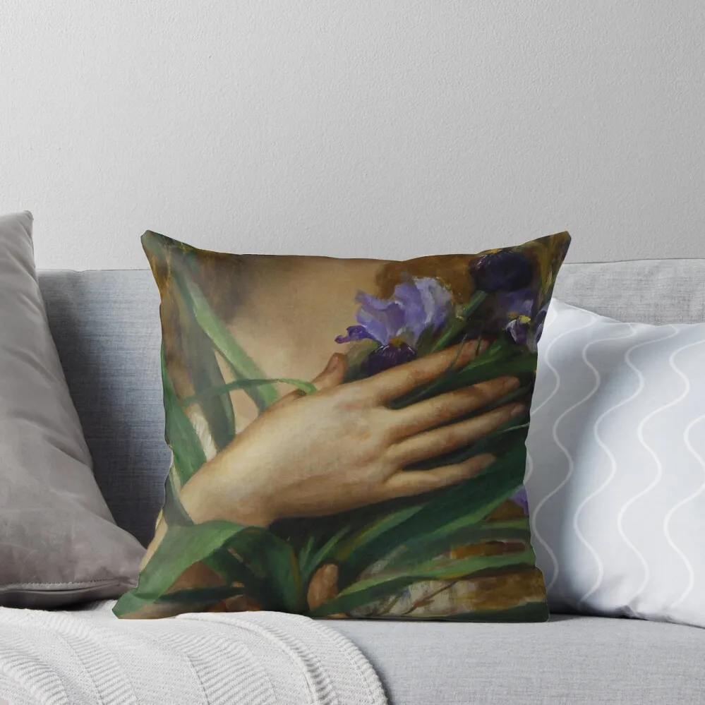 

Woman Holding Iris flowers, French Pre-Raphaelite painting Throw Pillow Pillowcases Bed Cushions Room decorating items