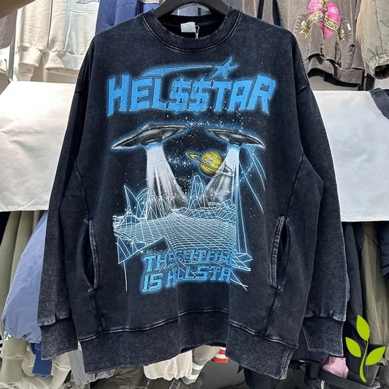 

Cosmic Fantasy Alien Flying Saucer Print Hell Sweatshirts Hip Hop Wash To Do Old Men Women Loose Christmas Star Hoodie Pullover