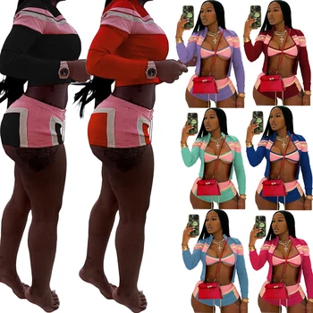 2025 Summer Female 3 Piece Set Cute Striped Loungewear Tracksuit Bra Zip up Jacket and Shorts Sets for Women Gym Jogger Outfits 1