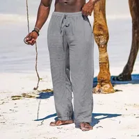 Men's Cotton Linen Pants Casual Loose Straight Pants Lightweight Drawstring Beach Trousers Mens Trousers 2