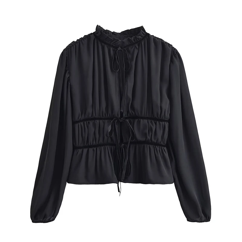 Chic Elegant Bow Tied Shirts for Women 2025 New Fashion Long Sleeve Women's Streetwear Casual Cropped Shirt And Blouse Top ﻿ ﻿