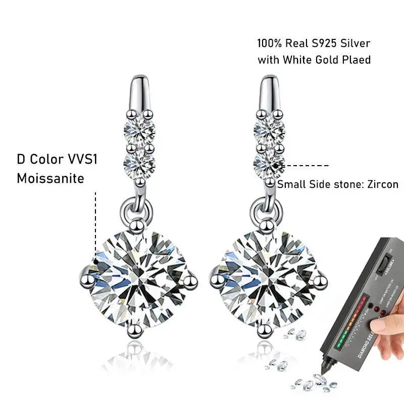 1 Karat 2CT runde Moissanit-Ohrringe für Damen, 925er Sterlingsilber, luxuriöser edler Schmuck, bestehen den Diamanttester – Detail 1