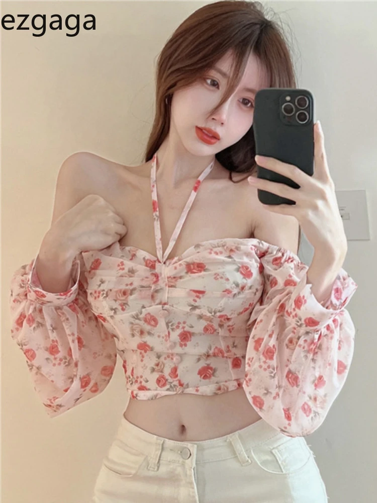 Tanio Ezgaga Sexy Women Blouse Slash Neck Floral Printed Bandage