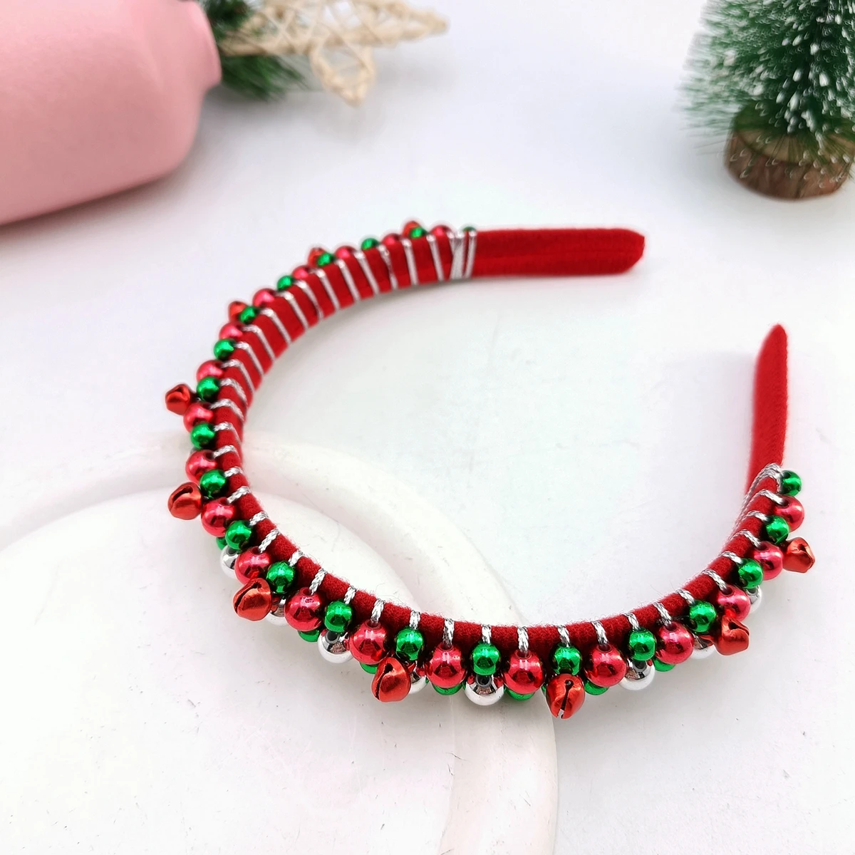 Neues rot-grünes Weihnachts-Stirnband für Damen, einfache dünne Kanten, Flanell, Jingling Bell, Perlen, gewundener Urlaub, Haarschmuck – Detail 7
