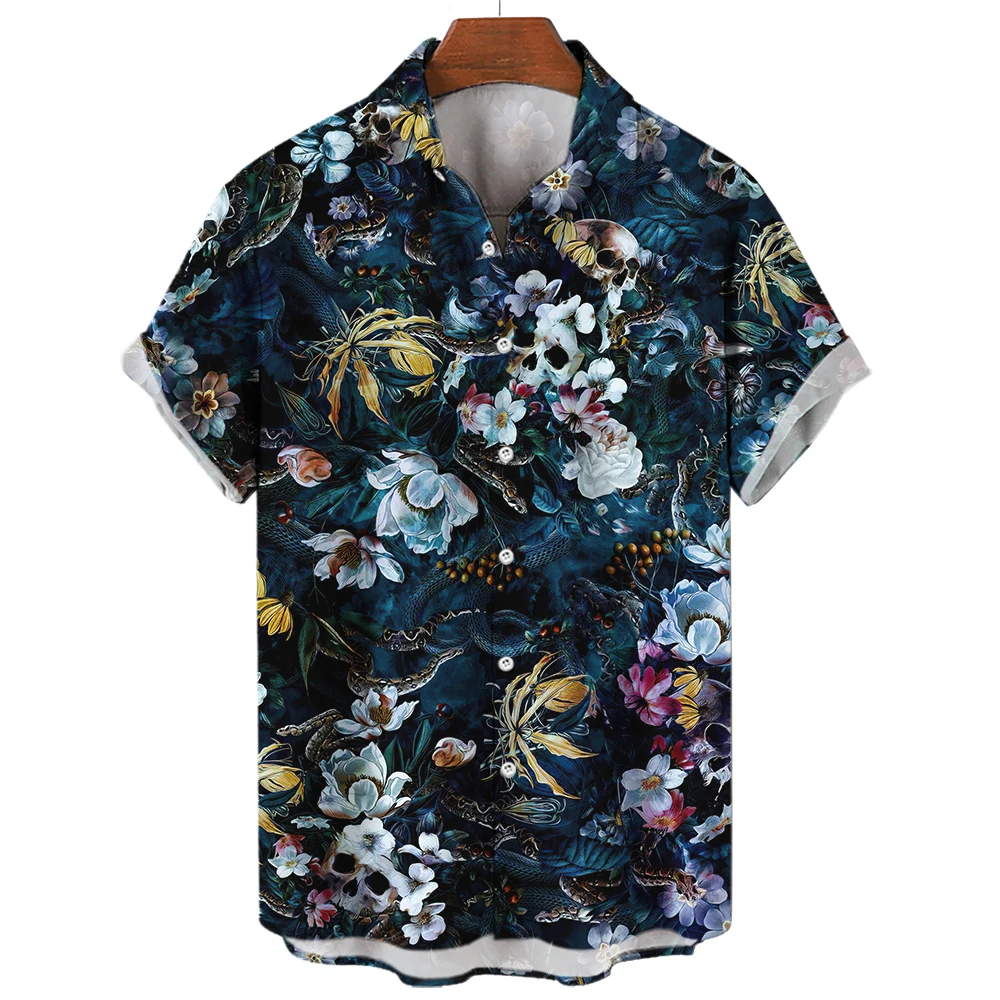 Horror Skull Shirt For Men Summer Turndown Henry Shirts Casual Button Hawaii Style Short Sleeve Men's Clothing Daily Streetwear