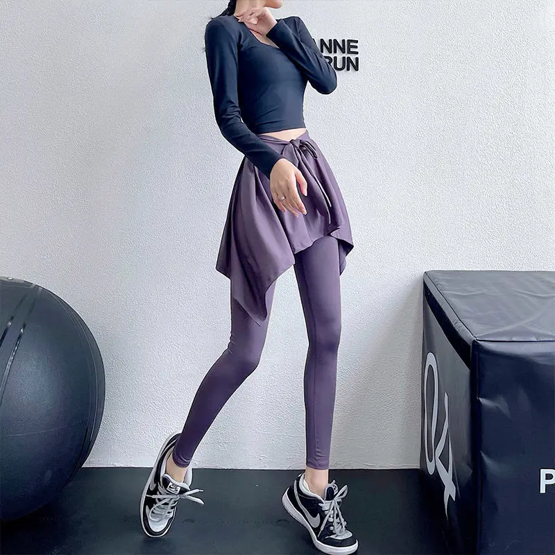 Open-Crotch Pants False-Two-Piece Skirted Leggings Sports Running Fitness Pants Casual Outerwear Trousers with Double-Headed
