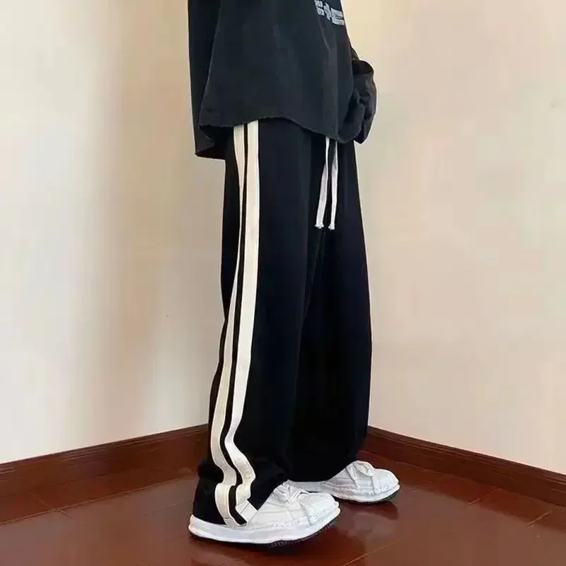 2025 한국 패션 와이드 레그 팬츠 여성 루즈 캐주얼 스트라이프 하이웨이스트 여성 힙합 탄성 허리 포켓 스트레이트 팬츠