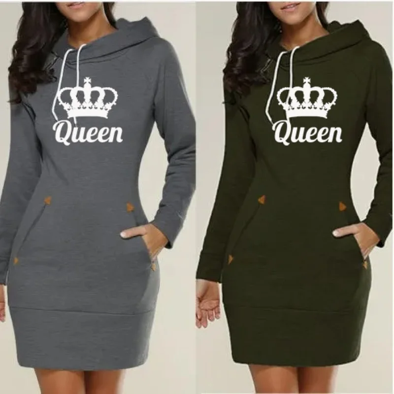 

Spring Autumn Women's Hooded Drawstring Sweatshirt Dress Fashion Queen Print Pocket Package Hip Ladies Mini Dresses Large Size