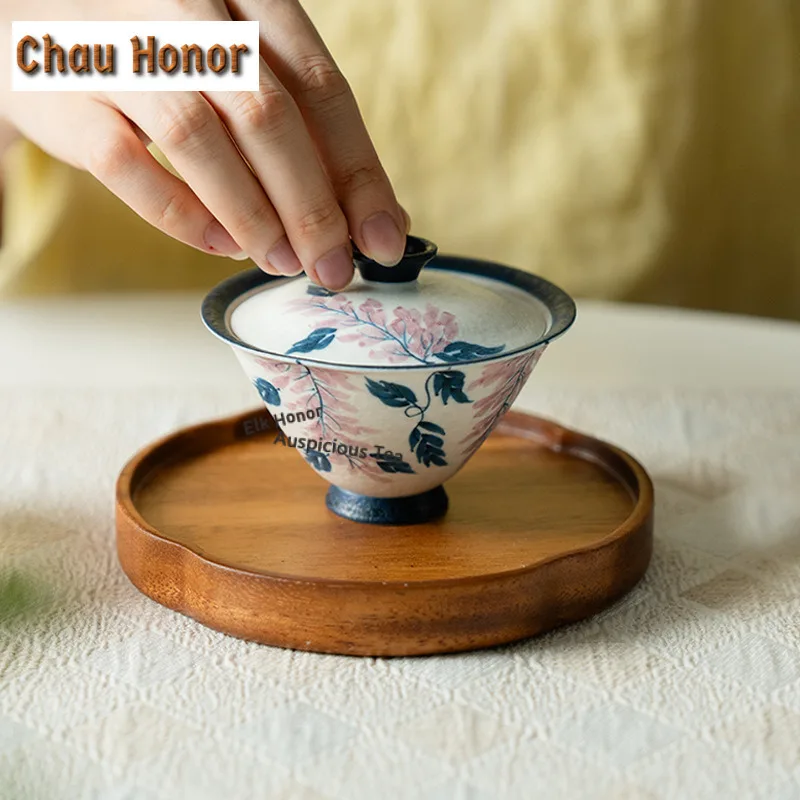 110ml Hand-painted Wisteria Flower Gaiwan Antique Tea Tureen Tea Bowl With Lid Kit Tea Maker Cover Bowl Tea Items Ornaments