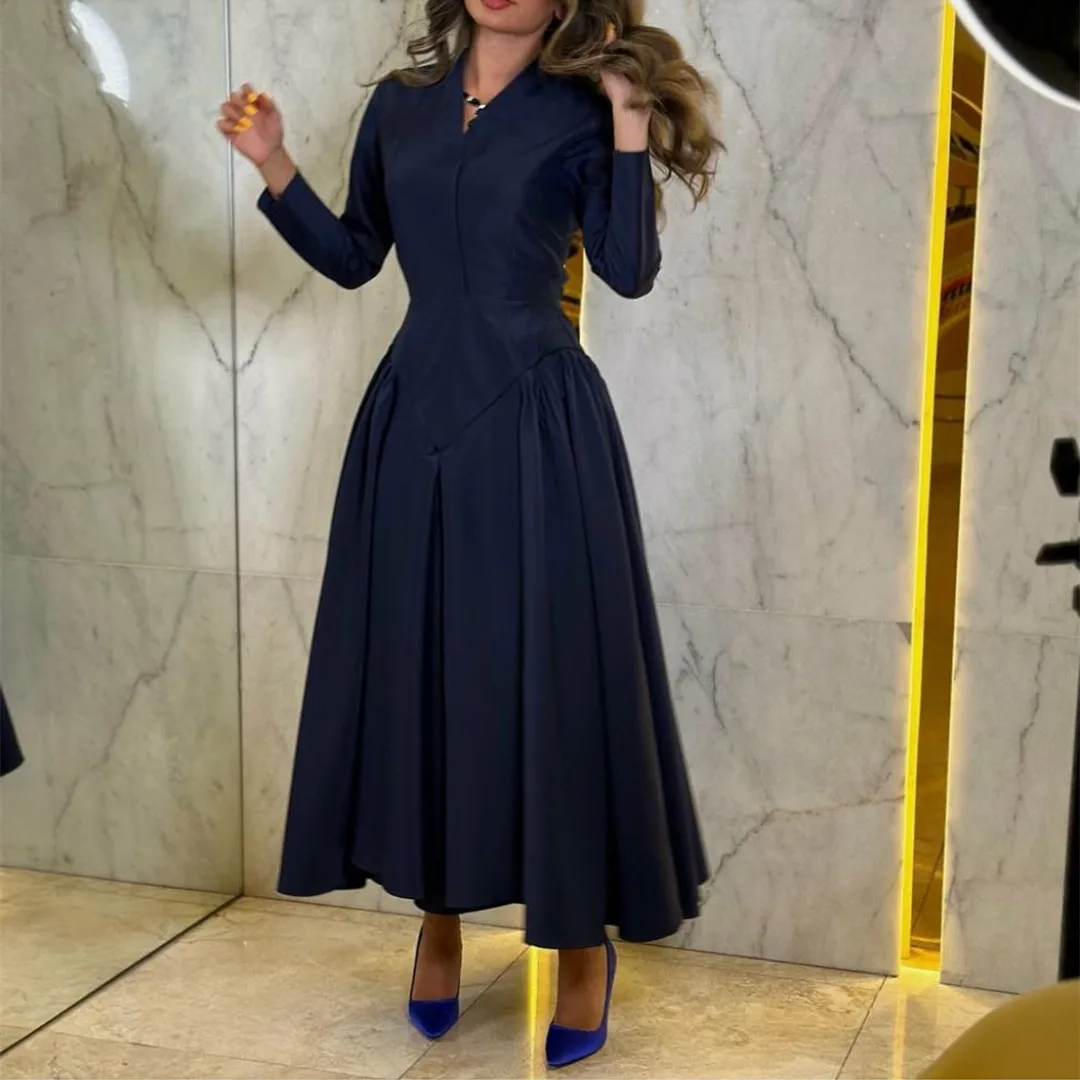 

Short V-Neck Satin Evening DressesWith Pockets A-Line Pleated Ankle Length حزب اللباس Navy Blue Prom Gowns for Women