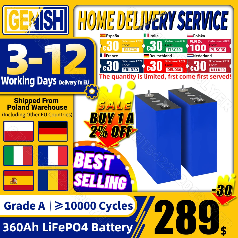 Grado A 360Ah LiFePO4 batteria con 10000 cicli 3.2V batteria ricaricabile al fosfato del ferro del litio DIY 12V 24V 48V adatta per la cella solare del carrello da golf del camion RV, inventario UE