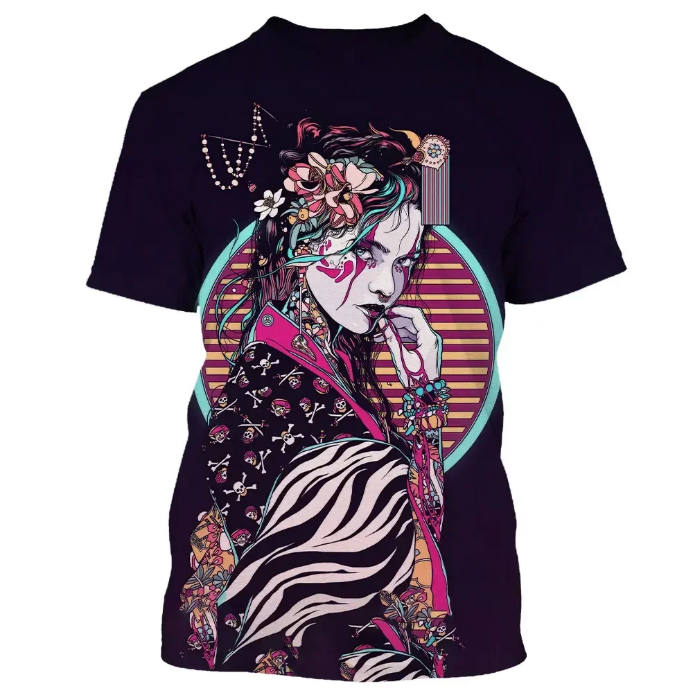 

2023 New Summer Fashion Japanese Geisha Samurai Cool T-shirt for Men's Casual Hip Hop Street Clothing 3D Printing Colorful Short