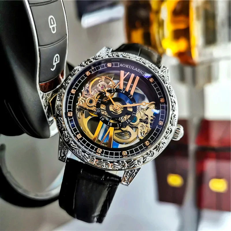 

AOKULASIC Hollow Mechanical Sport Watches Automatic Men's Fashion Tourbillon Wristwatches Man Retro montre automatique homme