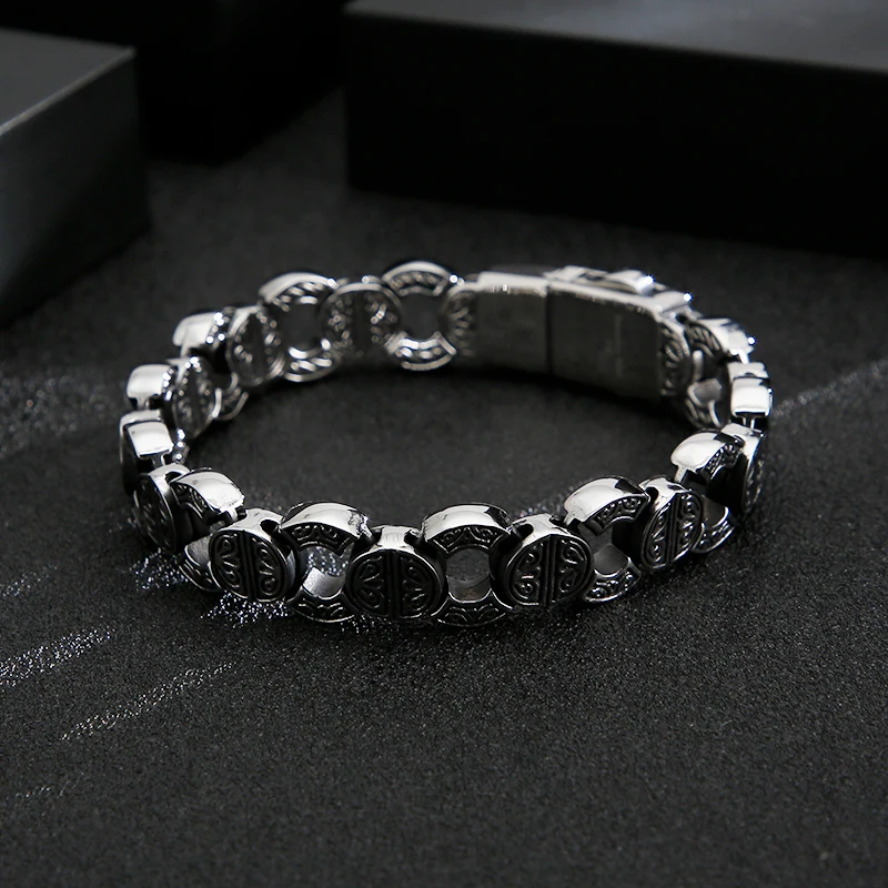 Fongten 22.5cm Skeleton Bracelet for Men Stainless Steel Skull Chain Charm Men Wrist Shiny Bracelets Bangle Silver Color Jewelry