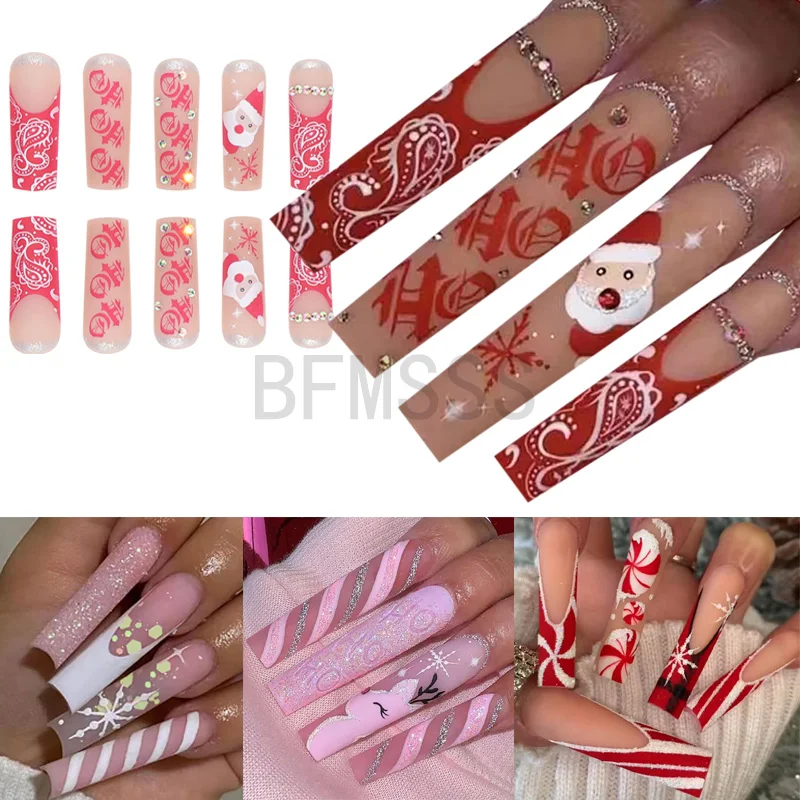 

24pcs/box Christmas Fause Nail Tips Santa Claus Snowflakes Long Fake Nail Extend Tip Manicure Tools