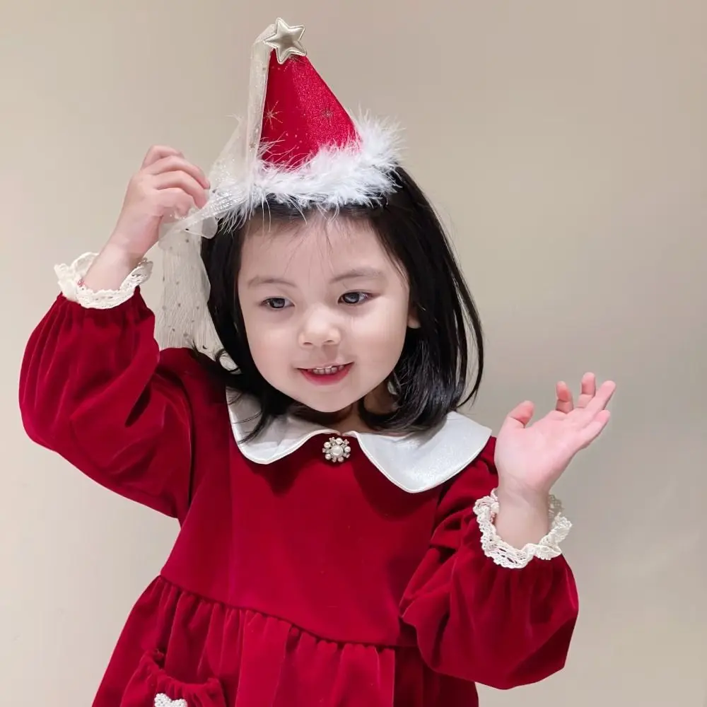 Lovely Red Christmas Hat Hairpin Bambini Christmas Hair Clip Feather Ribbon Star Xmas Headband Party Dress Up Red Barrette