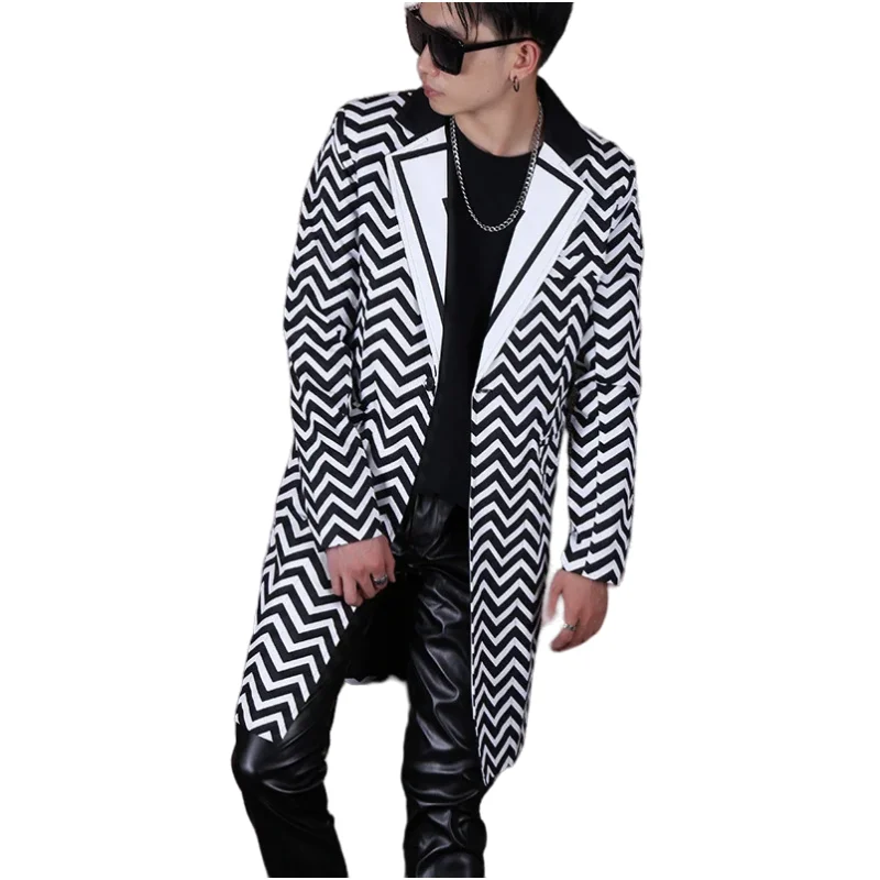 

Male Punk Hip-hop Singer Dancer Stage Performance Long Blazers Black White Wave Striped Long Coat Slim Outerwear Show Costume