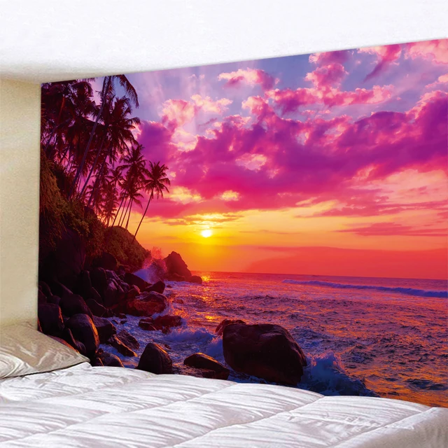 Bord de mer plage coucher de soleil scène psychédélique décor à la maison Art tapisserie Hippie bohème Tarot chambre mur Mandala suspendu 5