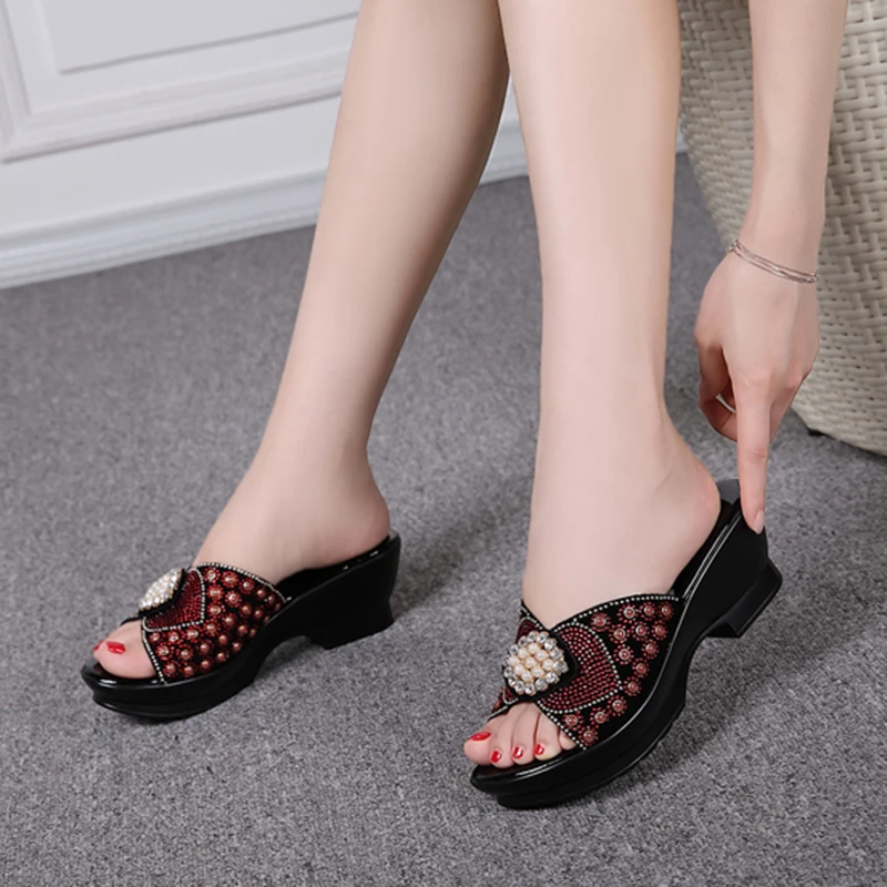Slippers Women's Summer 2024  Sandal Heels Platform  Wedges  For Women  Slope Heel DrillWomen's mother's Rhinestone Slippers