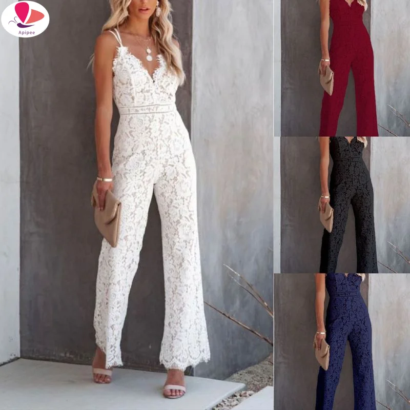 

Elegant Formal Sheer Black Lace Jumpsuit Womens Overalls Sexy Mesh Patchwork Romper Loose Long Trousers Female Wide Leg Jumpsuit