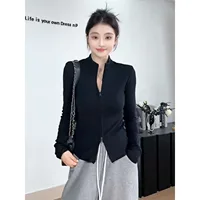 Sweet And Cool Short Open Cardigan Women's Slim Fit Long Sleeve High Collar Base Shirt Dual Zipper Stand Collar Fashionable