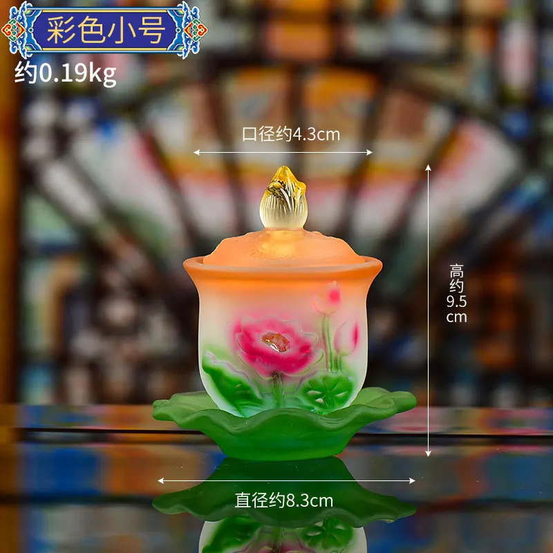 Coloured Glaze Buddha Front Holy Water Cup Household Use Lotus Bowl Buddhist Utensils Temple Guanyin Water Supply Cup with Cover 3