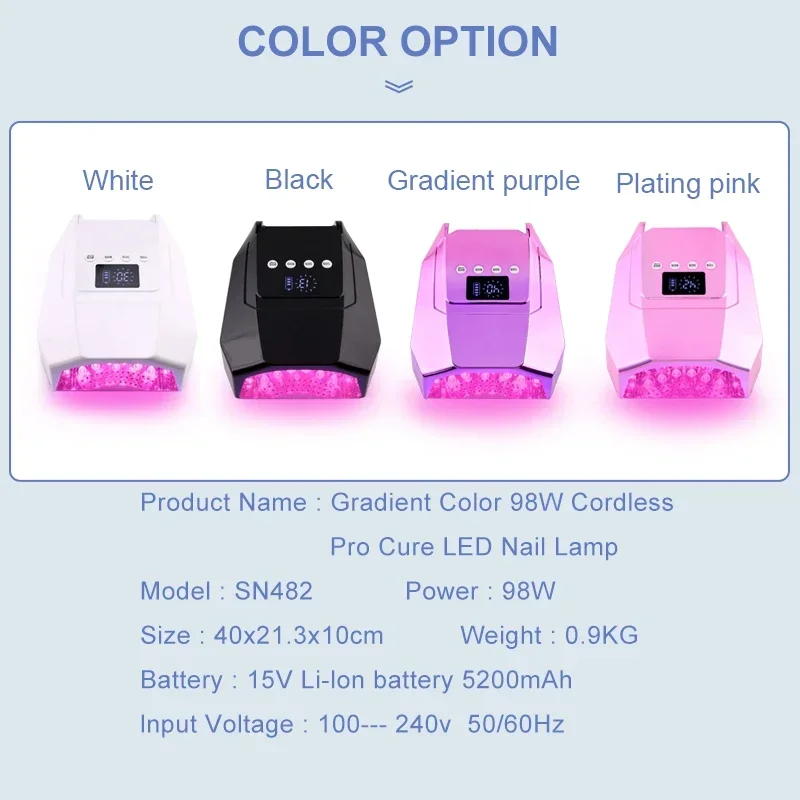 98W Professional Twin Light Durable Cordless Pro Mirror-finish Interior Low Heat Model Rechargeable Gel Dryer UV LED Nail Lamp 5