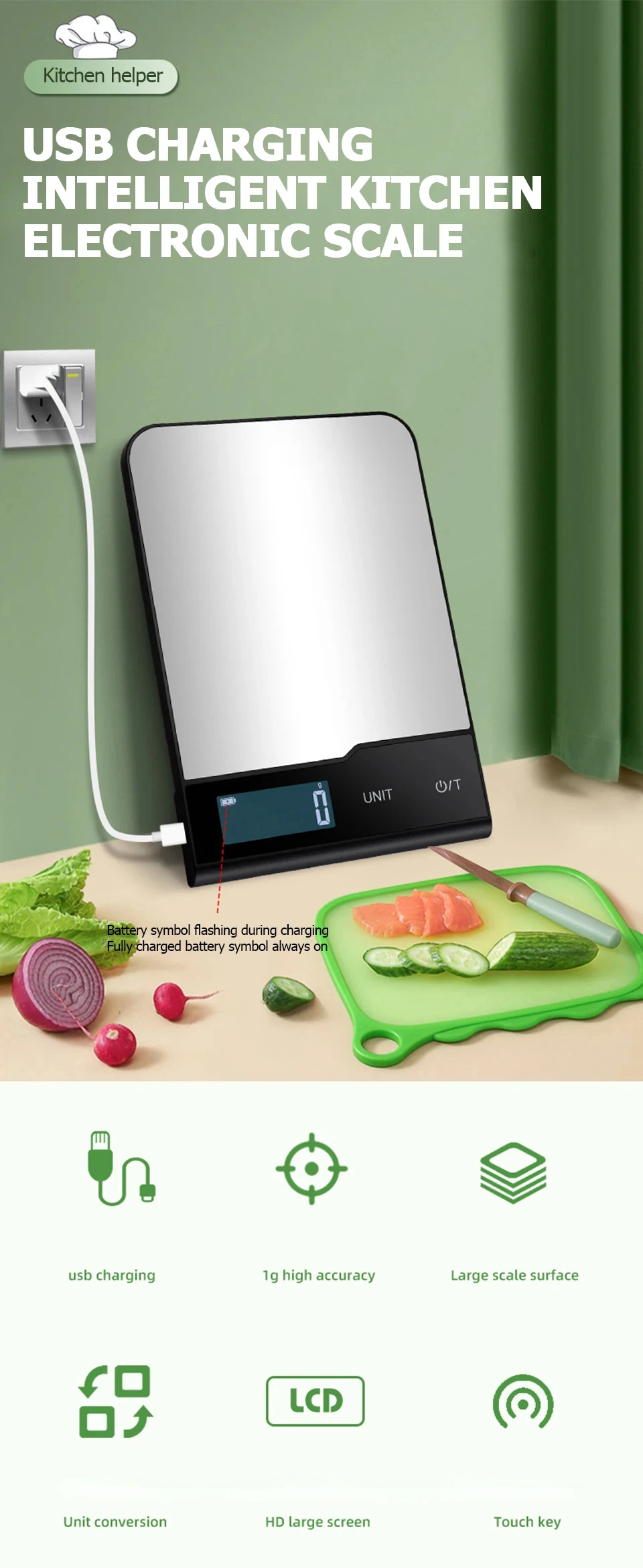 Description Picture 2 of item5kg/10kg/15kg Rechargeable Digital Kitchen Scale Stainless Steel Home Electronic Scales Food Baking Scale Kitchen Weighing Tool