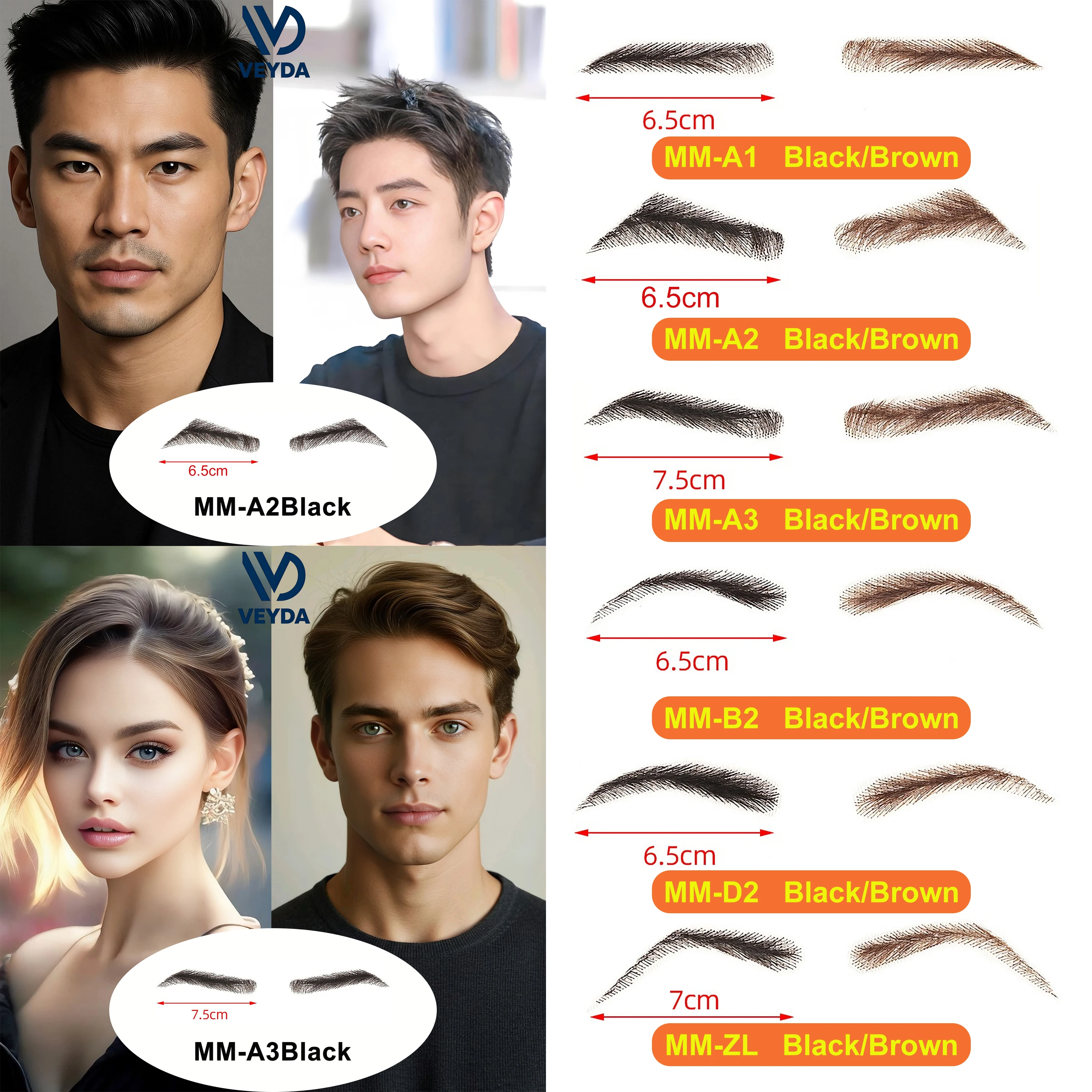 VEYDA 여성/남성용 눈썹 헤어 눈썹 6가지 스타일 100% 인모 인공 직조 레이스 작업자용 헤어 브레이드 눈썹 가발 ...