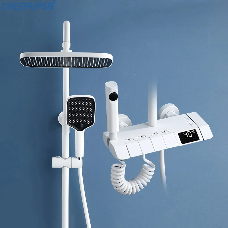 Weißes Digitales Duschset Für Badezimmer, Warm- Und Kaltmischer, Thermostat-Wandhalterungssystem, Spa-Regen-Badewannen-Wasserhahn, Led-Badewannenarmaturen