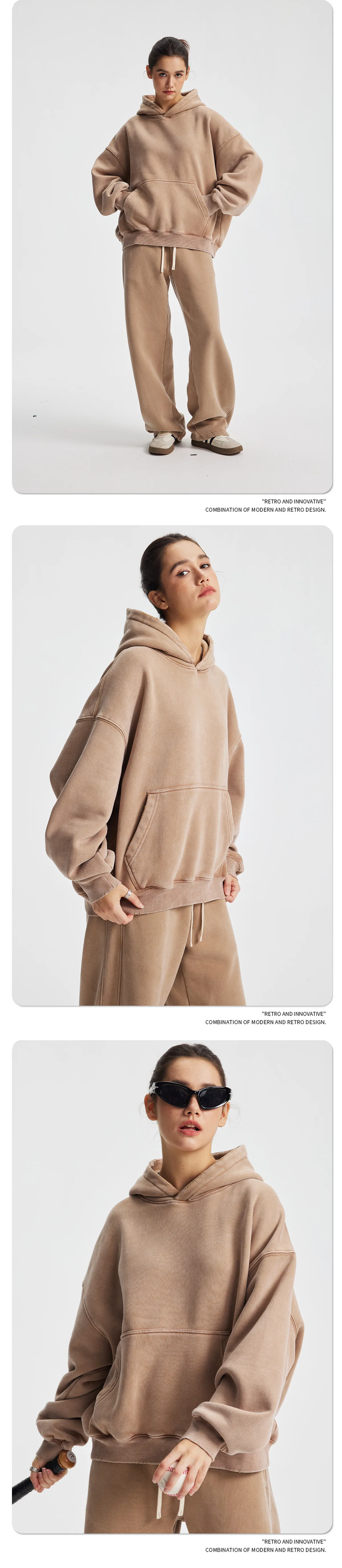 Custom LOGO men's new short BOXY version 370G heavy fleece worn old hooded sweater scimitar wide leg trousers couple suit