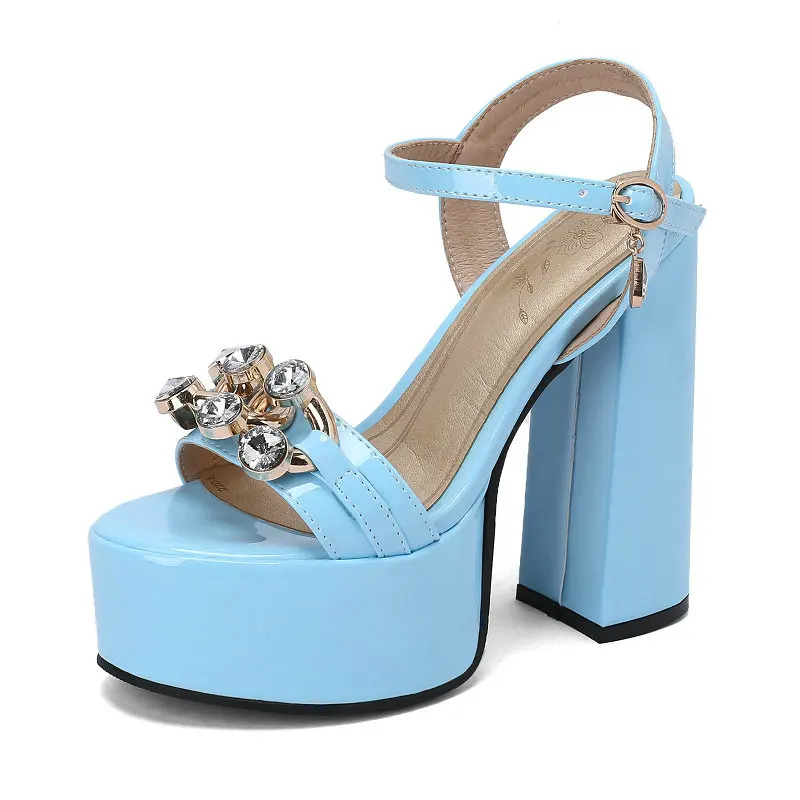 

Patent PU Leather Open Toe Sky Blue Rose Color Sexy Lady Block High Heels Dress Shoes With Rhinestone Crystal Platform Sandals
