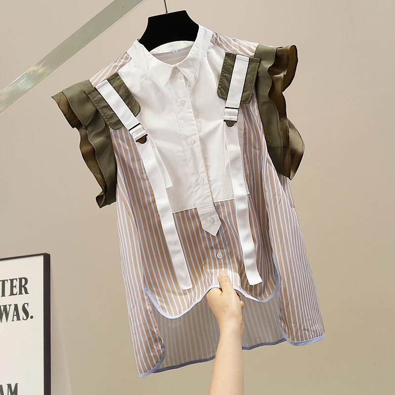 Korean New Ruffle Contrasting Color Patchwork Front Short and Back Long Sleeveless Striped Shirt Fashion Elegant Top