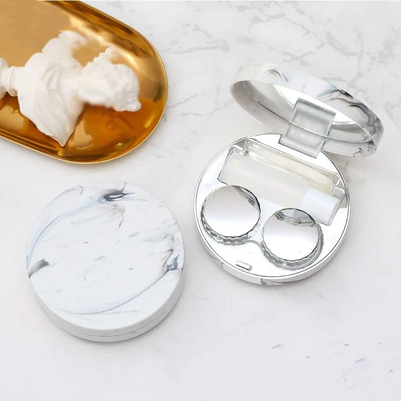 1PC - Round Marble Pattern Beauty Eye Contact Lens Box Dual Case Storage Lens Box Contact Lens Dual Case