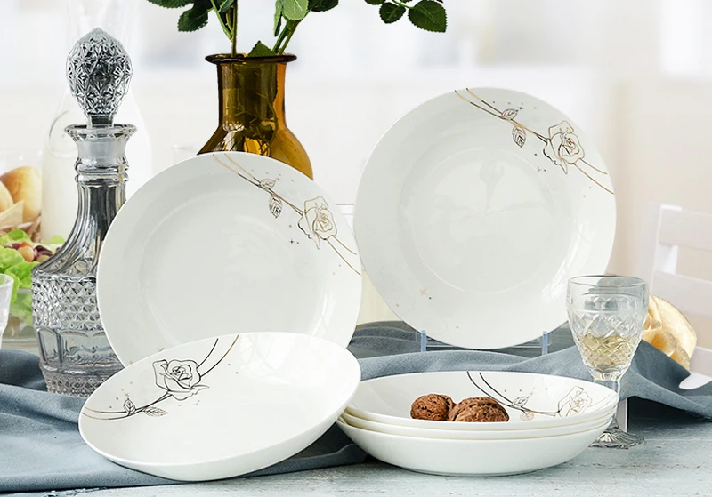 4pcs set, 8 inch, bone china dinner plates, golden rose, porcelain plates for food, ceramic dishes for serving, dinner plate set