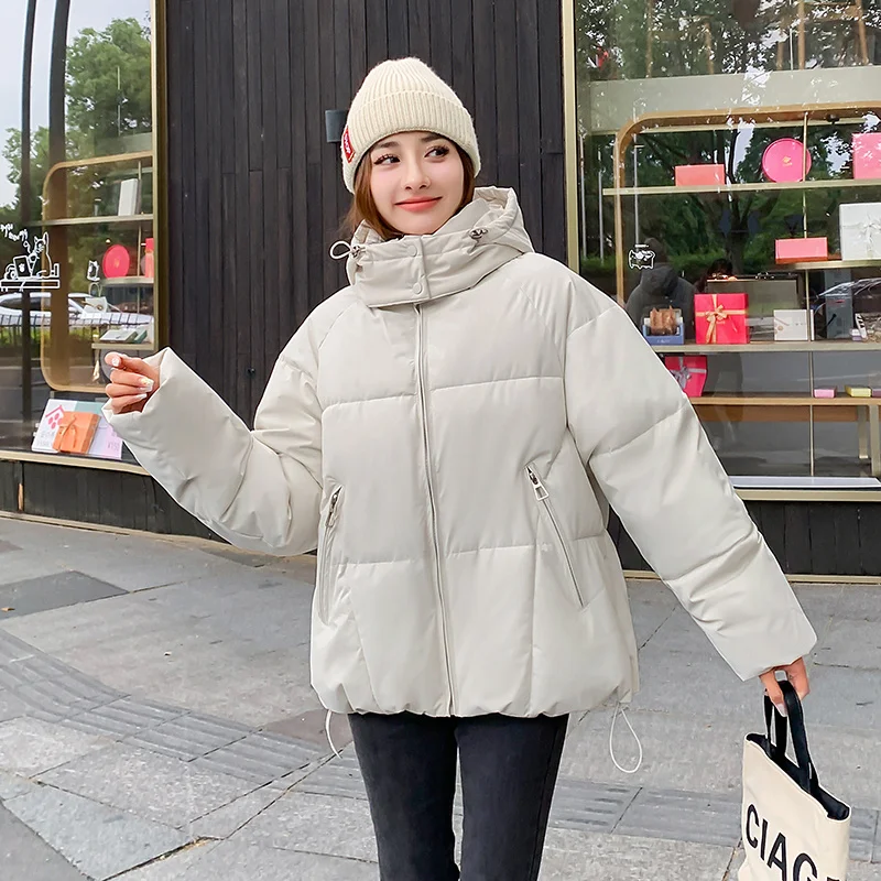 

CRRIFLZ Autumn Winter Warm Short Cotton Women's Coat Hooded Neck Solid Color Long Sleeve Pocket Zipper Parka Ladies Jacket
