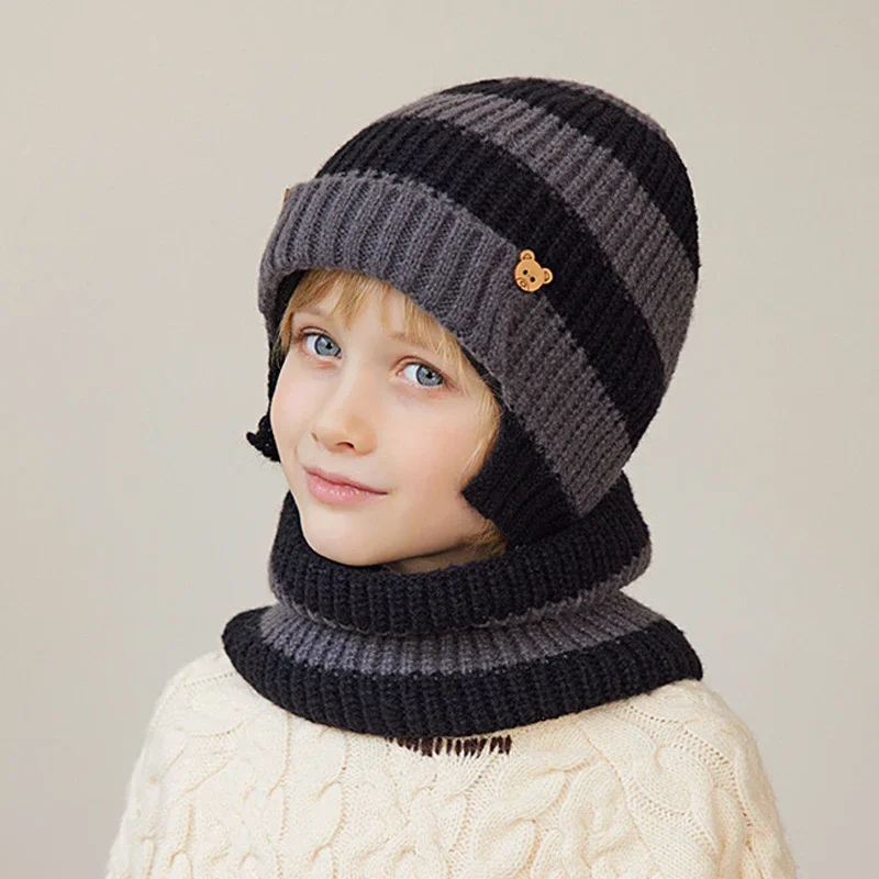 

Children Winter Hat Scarf 2pcs Set Bicolor Striped Knit Boys Beanies with Ear Flaps Plush Fleece Lined Winter Hat Set Kids 4-10Y