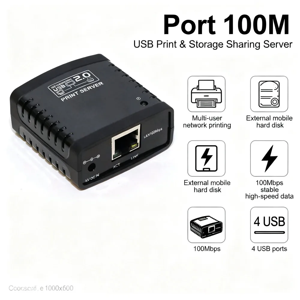 Adattatore di rete LAN USB 2.0 da 10/100 Mbps per server di stampa LPR, dispositivo di condivisione stampante USB per l'uso con più stampanti in ufficio - immagine 6