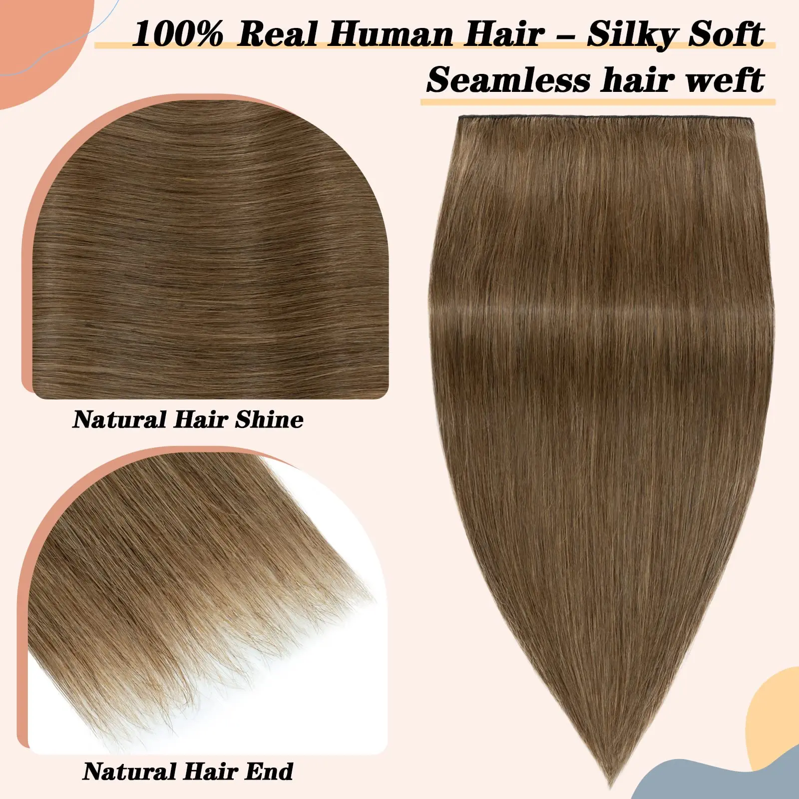 Clip in Hair Extensons One Piece/5 Clips 3/4 Full Head-Thicker Hair Clip Standard Weft Straight Soft #06 Light Brown Human