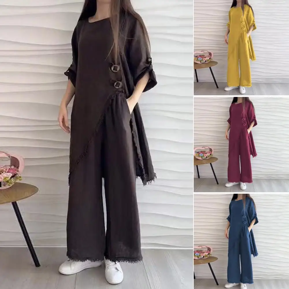 Lady Daily Clothes Stylish Women's Streetwear Trendy 2-piece Set with Split Hem Top Wide Leg Trousers Ripped Edge Details Women