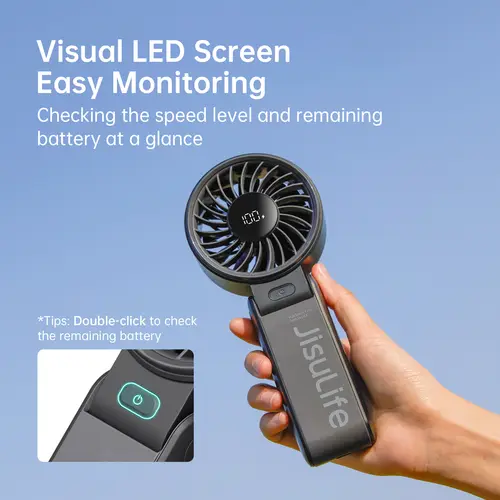 JISULIFE Portable Handheld Fan with LED Display,5 Speeds,5000mAh,150°Folded,3-IN-1 Hand/Desk/Neck Multifunction Personal Fan - Image 3