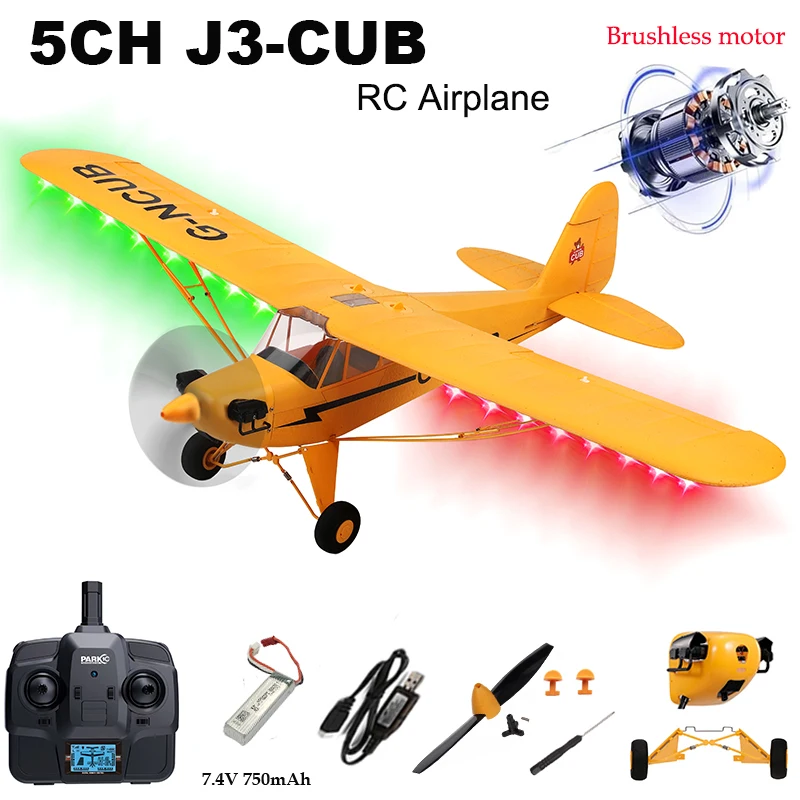 Avion RC J3-CUB Brushless EPP 650mm avec LED - Volant Prêt