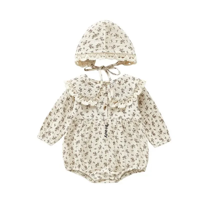 Spring Autumn Baby Girl Floral Print Romper Lace Trimmed Princess Collar Baby Clothes Cotton Onesie for Infants