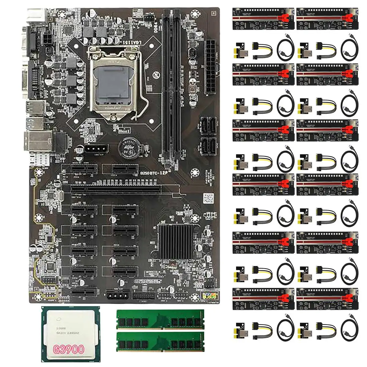 

B250 BTC Mining Motherboard 12 PCIE Slots LGA1151 DDR4 DIMM with 12XVer12 Pro PCIE Riser Card+1XG3900 CPU+2X 8G DDR4 RAM