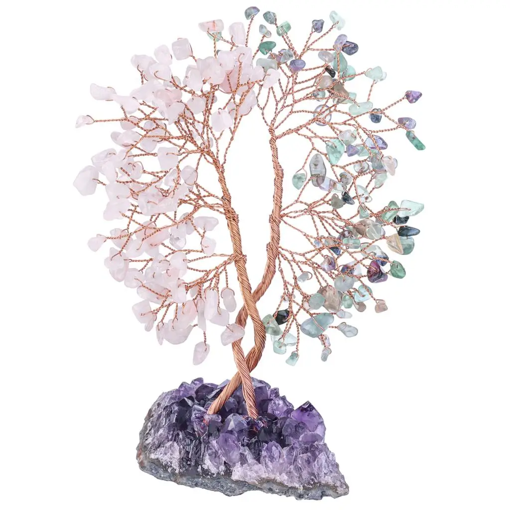 Natural Crystal Tree Healing Gemstone Chips Lucky Money Tree With Raw Amethyst Cluster Base For Home Decor Desktop Ornaments