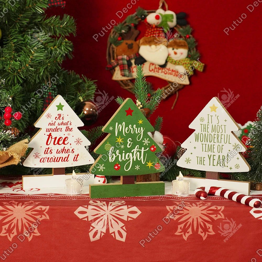 

Putuo Decor 1pc Christmas Tree Shaped Sign Table Decors, Merry Bright Wooden Sign, Desktop for Xmas Party, 7.8 X 6 Inches Gifts