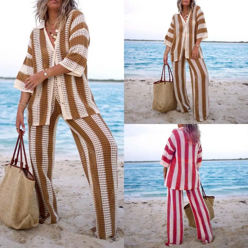 V-neck Striped Shirt Suit Stylish Women's Knitted Shirt Pants Set with V Neck Blouse Wide Leg Trousers Chic Beach for Summer