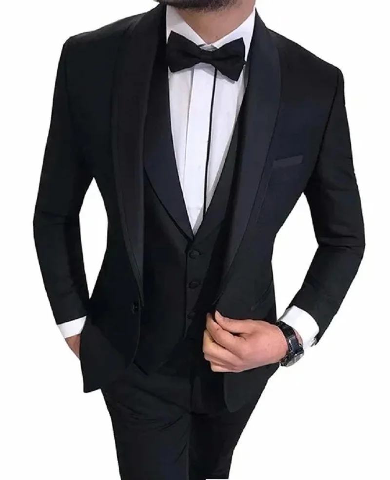 Black Shawal Lapel Costume Homme Groom Tuxedos Men Suit Wedding Prom Blazer 3 Pieces Terno Masculino (Jacket+Pants+Vest+bow)